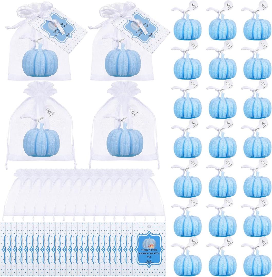 Treela 24 Set Pumpkin Candles Fall Baby Shower Party Favors for Guests Little Pumpkin Thank You Return Gifts Bulk for Thanksgiving Autumn Baby Shower Wedding Favors (Blue)