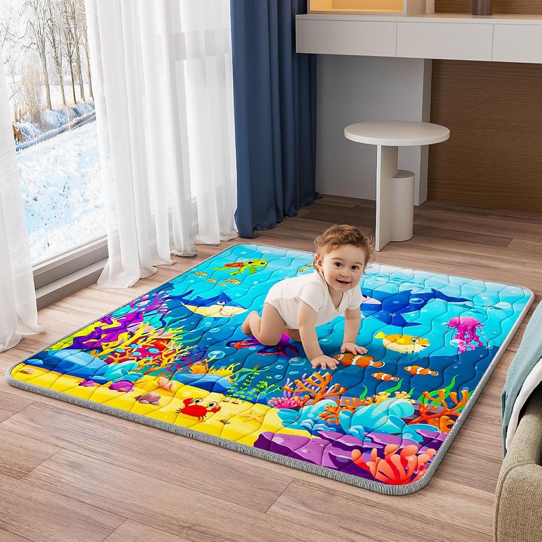 Baby Play Mat, 50x50 Thickened Playpen Mat, Waterproof & Non-Slip, Foldable Baby Play Mat for Floor, Machine Washable Crawling Mats for Infants & Toddlers, Floor Activity and Playing & Learning, Sea World