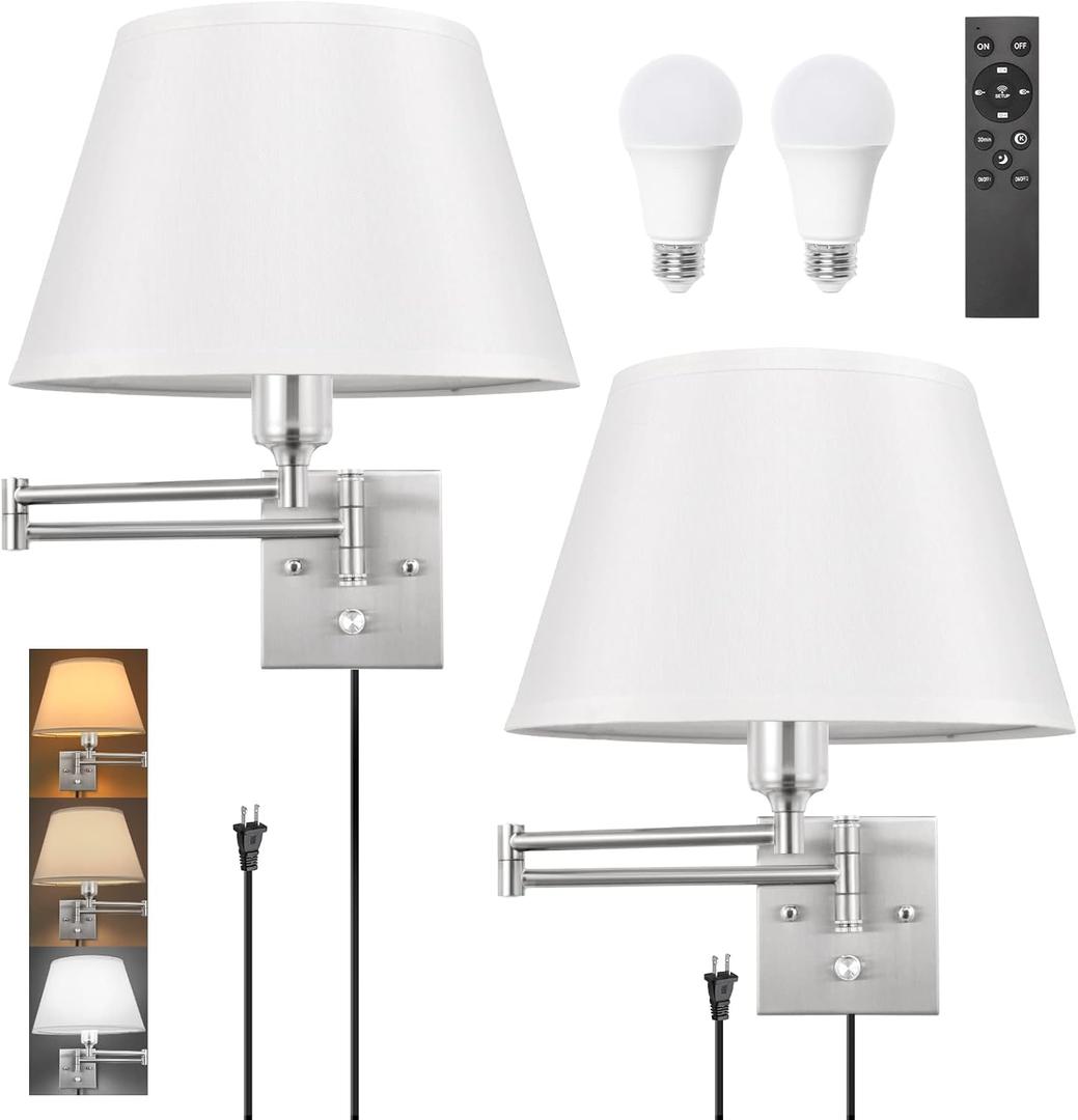 TRLIFE Dimmable Wall Sconce with Remote Control, Adjustable Color Temperature 2700K-6500K and Dimming 10-100% Swing Arm Wall Lights with Plug in Cord, 11.8" Large White Fabric Shade(2 Pack, 2 Bulbs)