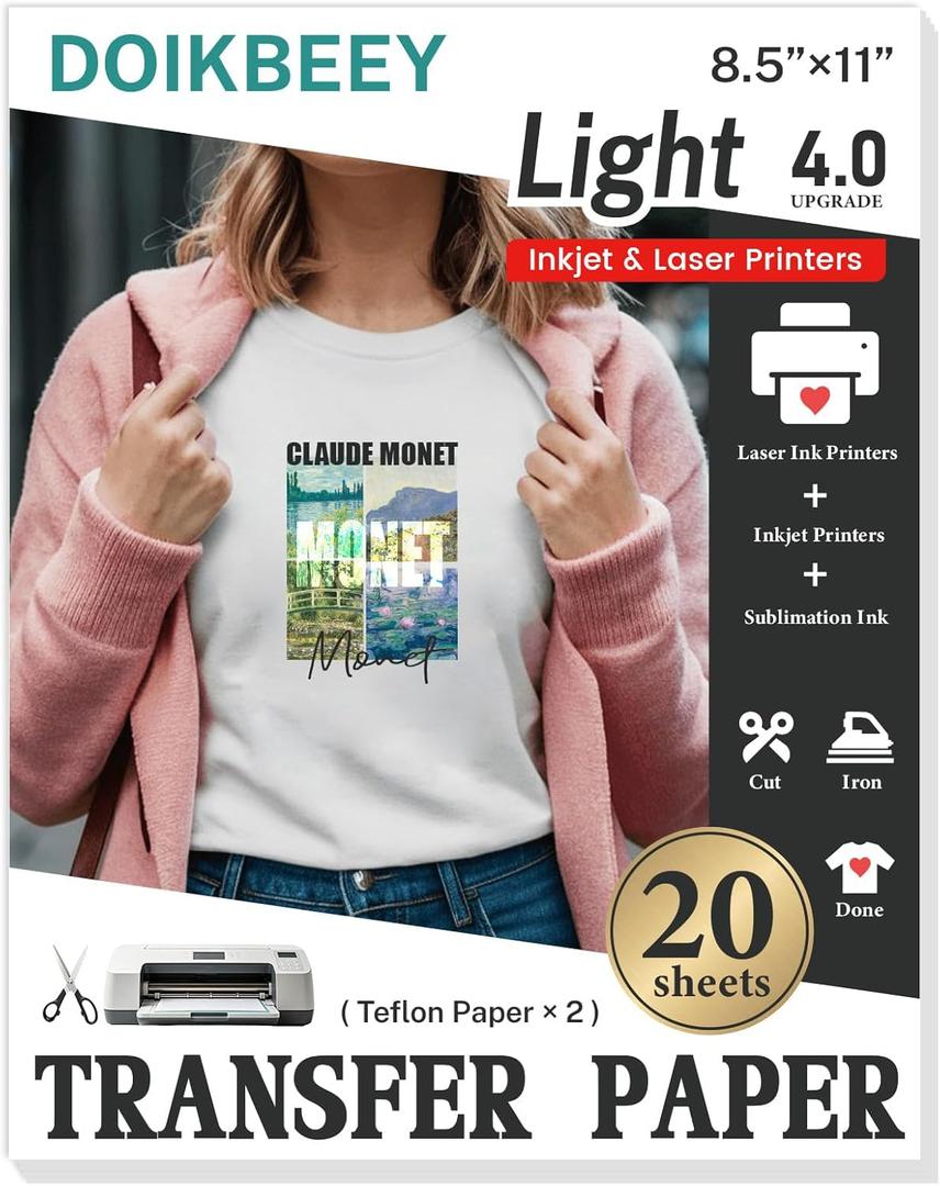 Heat Transfer Paper for T Shirts 20 Sheets, 8.5" X 11" Iron On Transfer Paper for Light Fabric Printable HTV Heat Transfer Vinyl for Inkjet Printe