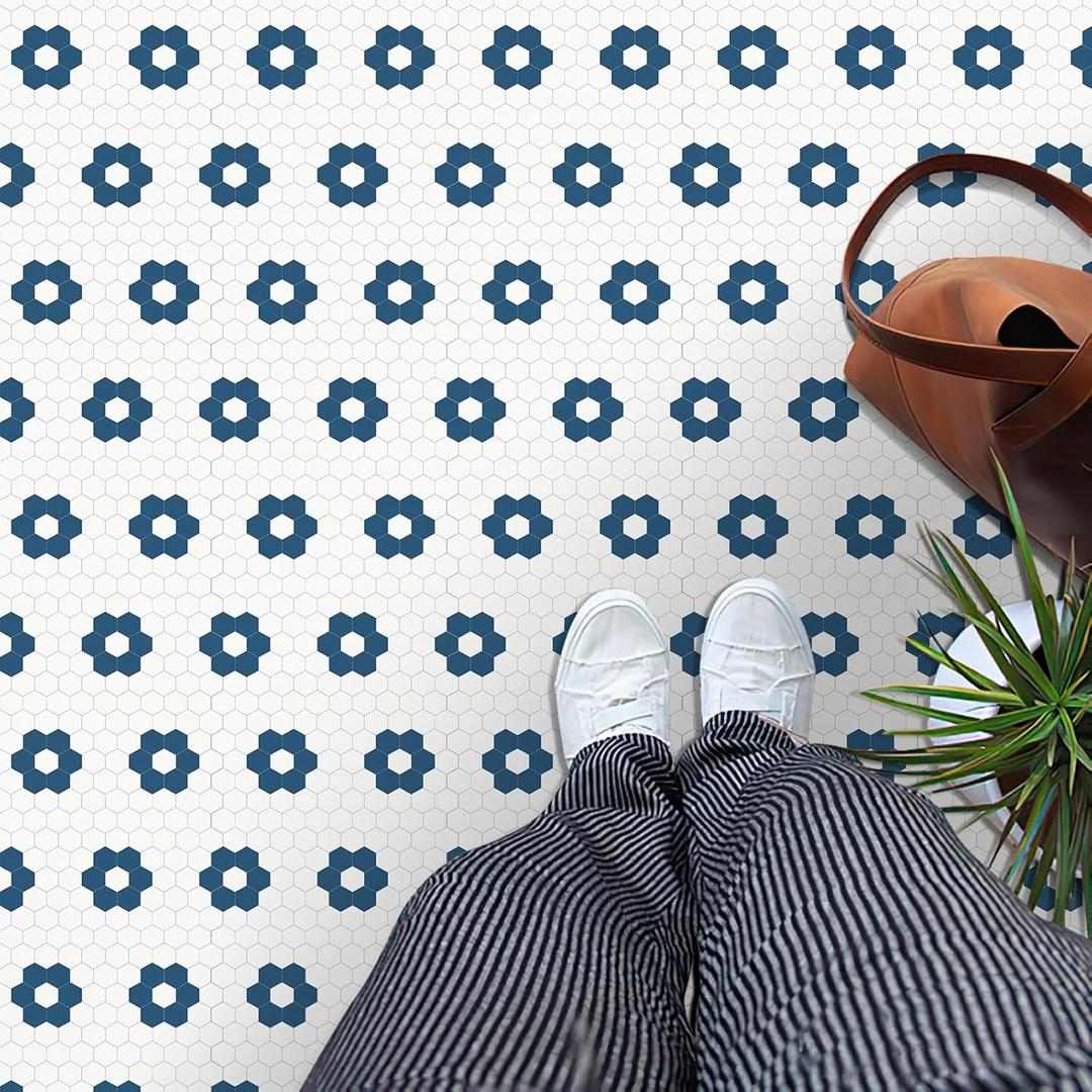 MORCART 20 Pack Peel and Stick Floor Tile, Removable Vinyl Flooring Waterproof 7.87" x 7.87" DIY Flooring for Bathroom, Kitchen, Fireplace, Pet House, Stairs, Bedrooms, Wall White Blue