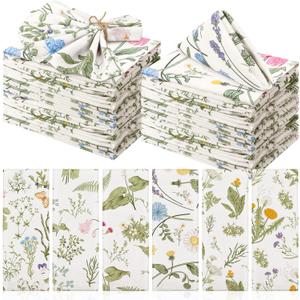 Funnymoom 24 Pcs Herbs and Wild Flowers Cloth Napkins Floral Plants Reusable Napkins Country French Toile Dinner Soft Absorbent for Summer Holiday Party
