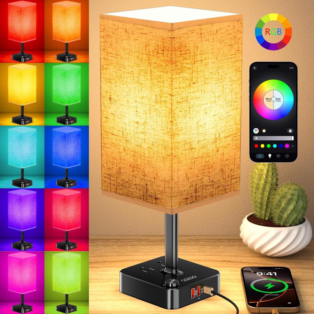 RGB Color Changing Lamp - Multi Color Desk Table Lamp with 2 AC Outlets, Stepless Dimming, Built-in USB-C + USB Charging Ports, Modern LED Bedside Lamp for Bedroom,Living Room, Dorm, or Home Office (RGB - Flaxen Shade)