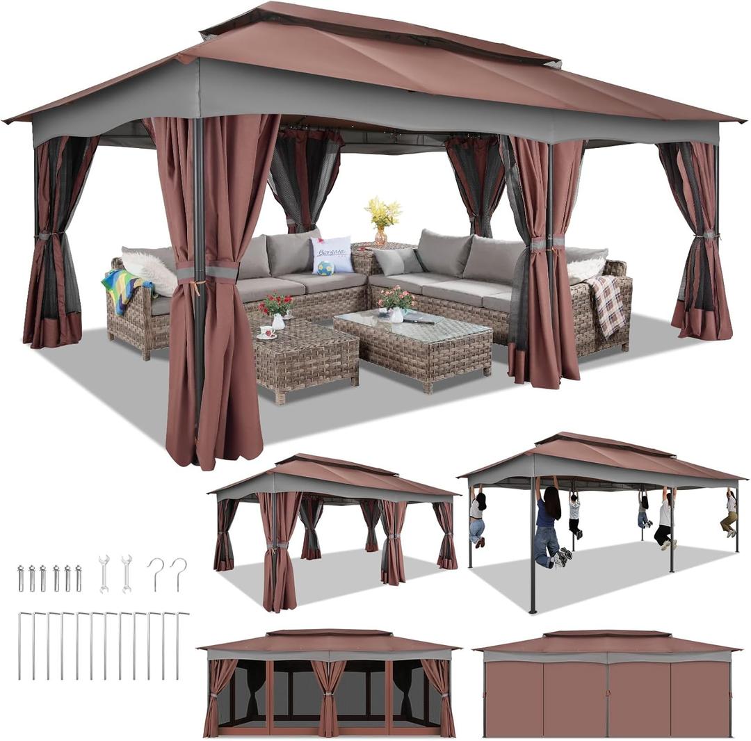 HOTEEL Gazebo 12x20, Outdoor Gazebo on Clearance with Double Ventilated Arc Roof, Privacy Curtains & Mosquito Netting, Easy Set up Canopy Tent with Stable Metal Frame for Patio, Brown (Upgraded 2.0)