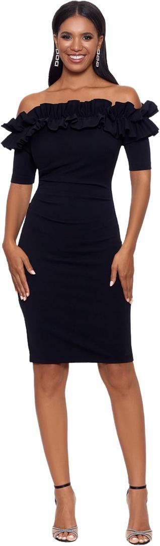 Xscape Women's Short Scuba Crepe Dress with Ruffle Top Detail (Reg and Petite) Size 16 (Black)