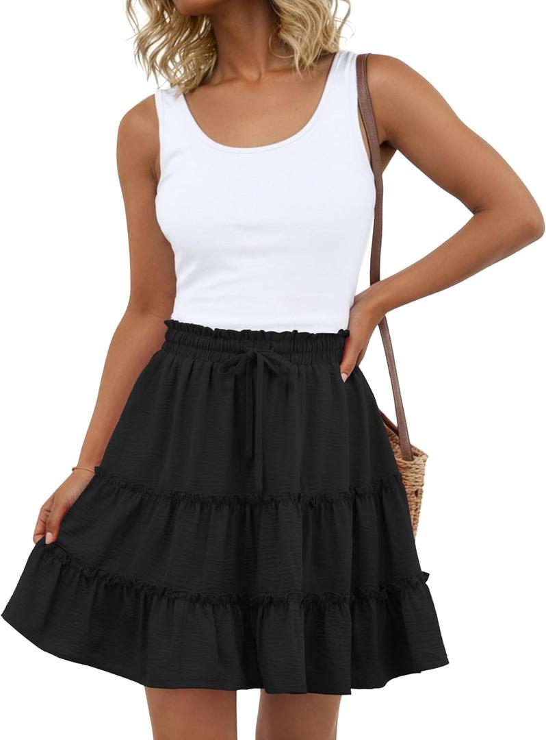 Lepunuo Boho Skirts for Women Flowy Casual Cute Skorts Built-in Shorts Floral Ruffle Tiered Skirts with Pockets, Large, A- Black