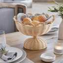 Mud Pie Rattan Pedestal Bowl with Scalloped Rim, Natural Wicker Basket Natural Woven Rattan Footed Bowl with Looped Scallop Edge for Fruit, Bread and Centerpiece Displays, 14.5"D x 14.5"W x 10.25"H