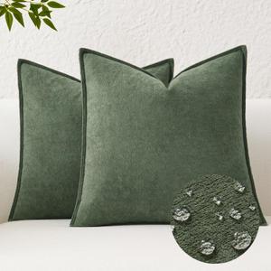 Kevin Textile Waterproof Decorative Pillow Covers Olive Green 16x16 Inch Pack of 2 Soft Boucle Textured Throw Pillowcases Elegant Accent Pillows for Couch Sofa Chair Bed Home Decor Indoor Outdoor