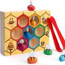Coogam Toddler Fine Motor Skill Toy, Clamp Bee to Hive Matching Game, Montessori Wooden Color Sorting Puzzle, Early Learning Preschool Educational Gift Toy for 3 4 5 Years Old Kids