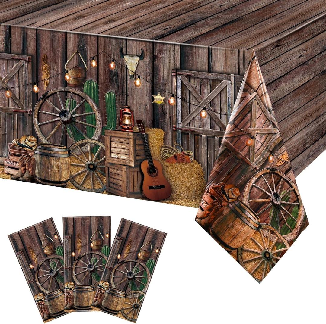 Tiamon 3 Pcs Western Party Tablecloth Western Cowboy Party Table Cover Cowboy Theme Plastic Tablecloth Wild West Wooden House Table Cover for Birthday Supplies