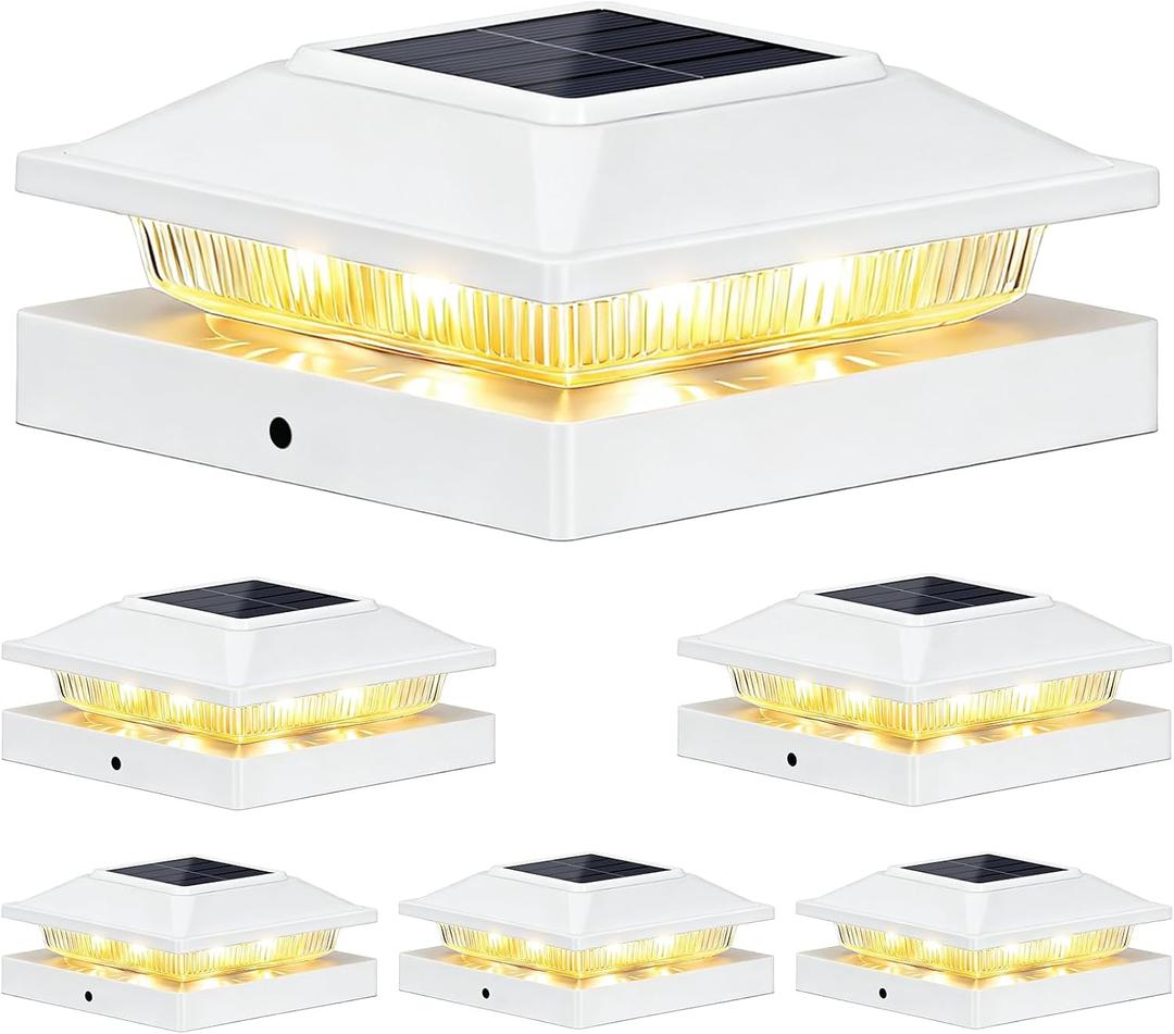 Brightever 4x4 3.5x3.5 Solar Post Cap Lights Outdoor 6-Pack, Solar Fence Post Lights Fit Vinyl/Wood Posts, 2 Modes(Warm/Cool White), Solar Powered Waterproof Deck Post Lights for Patio Porch, White