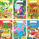 150 Pieces Luau Hawaiian Gift Bags for Kids Summer Tropical Party Favor Hawaiian Goodie Aloha Flamingo Plastic Treat Bags with Handles for Summer Goody Gift Party Supplies, 6 Styles