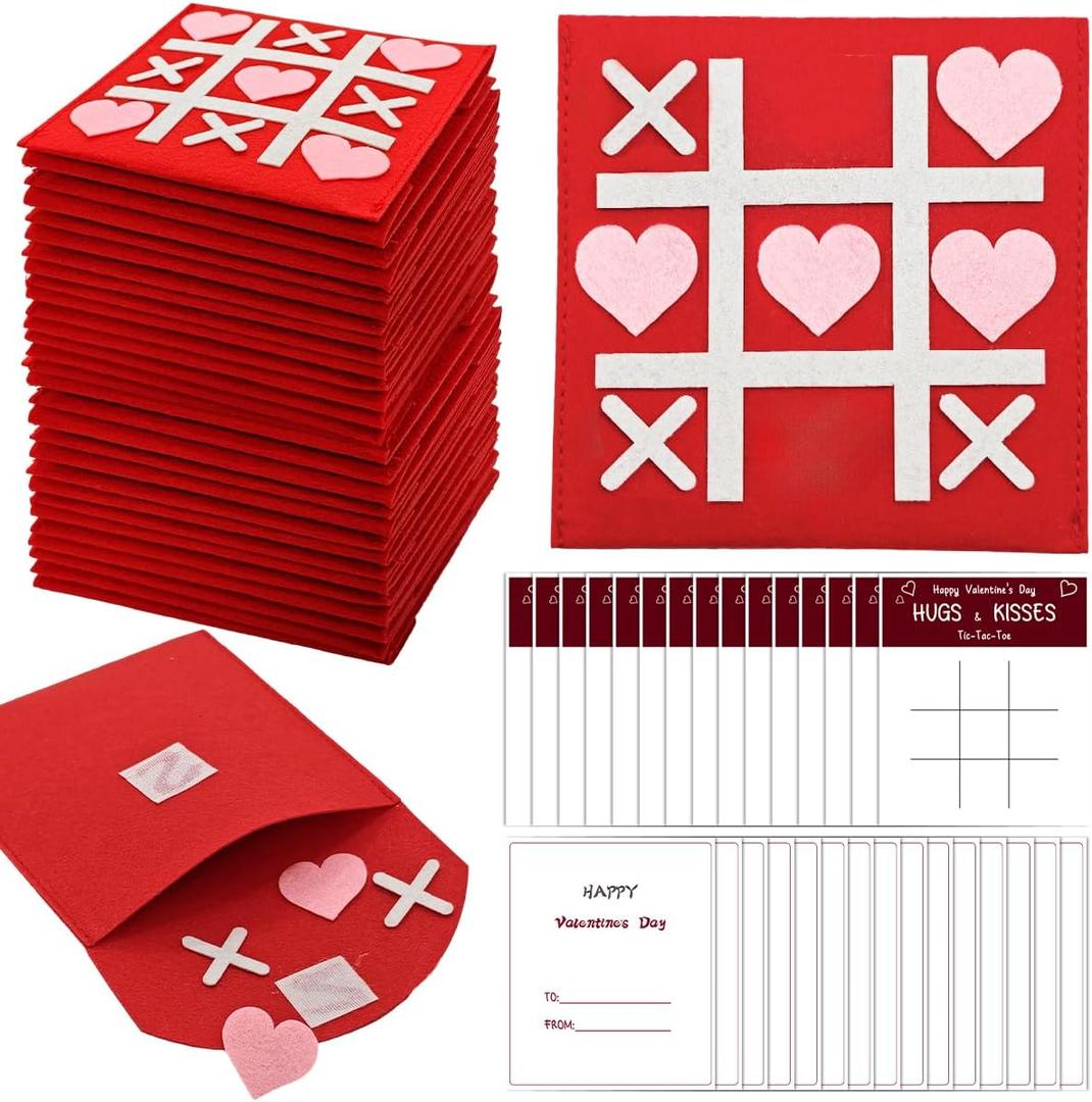 Piemow Tic Tac Toe Valentines Day Gifts for Kids - 30 Pack Tic Tac Toe Game with Cards, Educational Valentine Exchange Prizes for School Classroom Party Favors Goodie Bag Stuffers