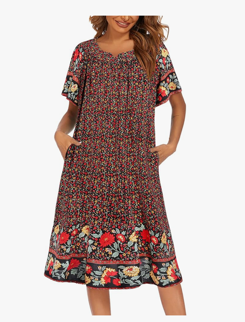 Ekouaer Womens Nightgown Short Sleeve House Dress with Pockets-Floral Print Mumu Dress, S