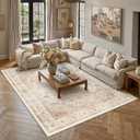 8x10 Beige Washable Vintage Area Rug for Living Room Bedroom Soft Tranditional Non Slip Large Throw Rug Lightweight Floral Low Pile Distressed Carpet Office Playroom Home Decor