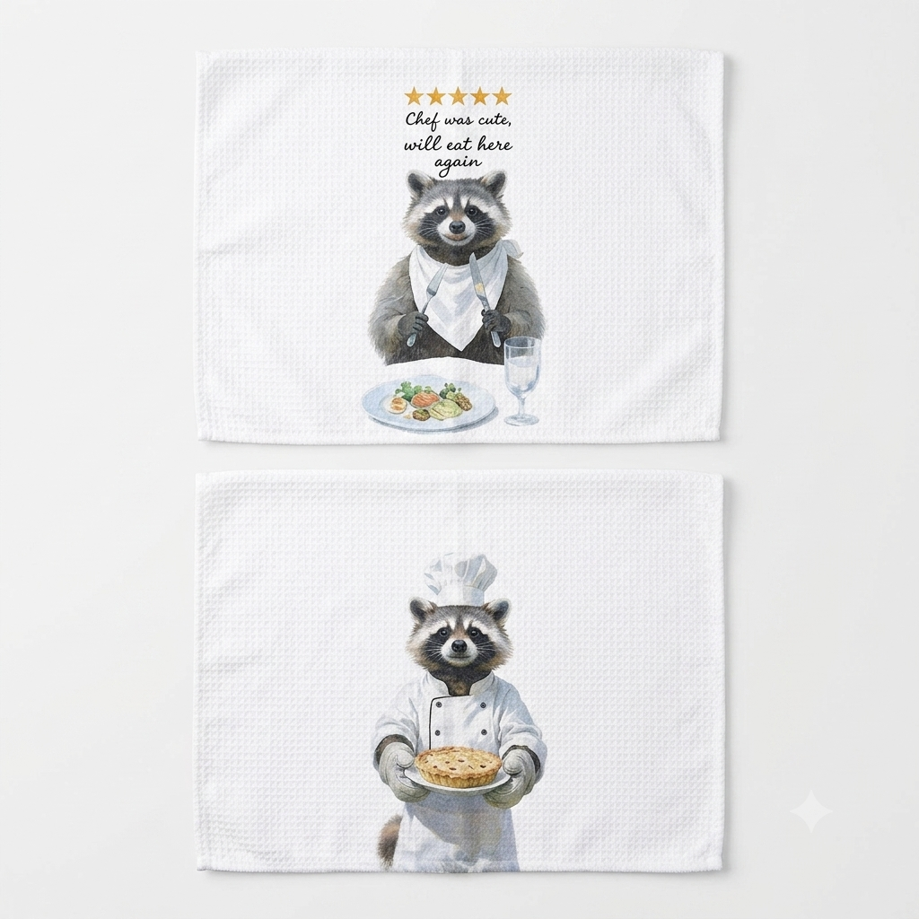 Eieanao Funny Raccoon Gifts Kitchen Towels Set of 2, Chef Raccoon Cooking Hand Towels, Funny Raccoons Microfiber Dish Tea Towel for Kitchen Bar Decor, Chef was Cute, Would Eat Here Again, 16x24 Inch