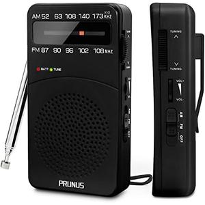 PRUNUS J-166 Portable Radio AM FM, Battery Operated Radio with Tuning Light, Back Clip, Excellent Reception, AM FM Radios Portable, Transistor Radios