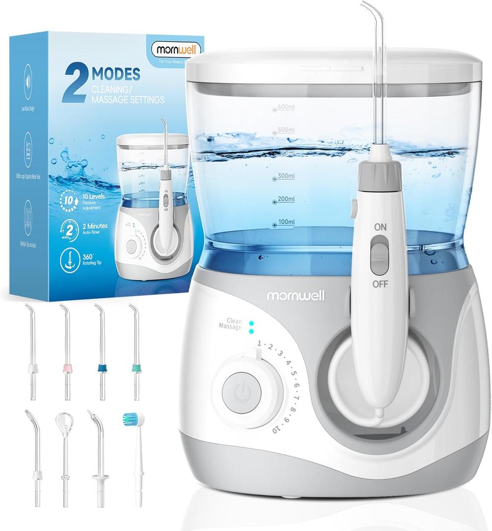 Mornwell Water Dental Flosser for Teeth, 2 Modes and 10 Adjustable Pressure Oral Irrigator for Braces, 8 Multi-Functional Tips for Family, Multiple Users, Home Use, White (600ML)