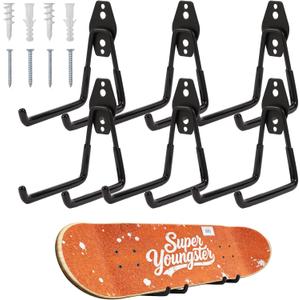 6 Pack Skateboard Wall Mount Hanger Rack - Skateboard Accessories,Heavy Duty Iron Storage Display Hook for Horizontal Installation,Non-Slip PVC Coating,Holds 55 lbs, Easy Mount on Wall & Wood