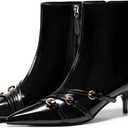 Coutgo Womens Buckle Strap Ankle Booties Kitten Low Heel Pointed Toe Y2K Boots Side Zipper Fall Shoes (6.5, Black)