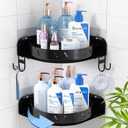 360Rotating Corner Shower Caddy Shelf With 6 Hooks,2PACK Bathroom Lazy Susan Shower Organizer Corner with 5Pcs Adhesive,Stainless Steel Shower Racks for Inside Shower for Home Apartment Decor(Black (Large)