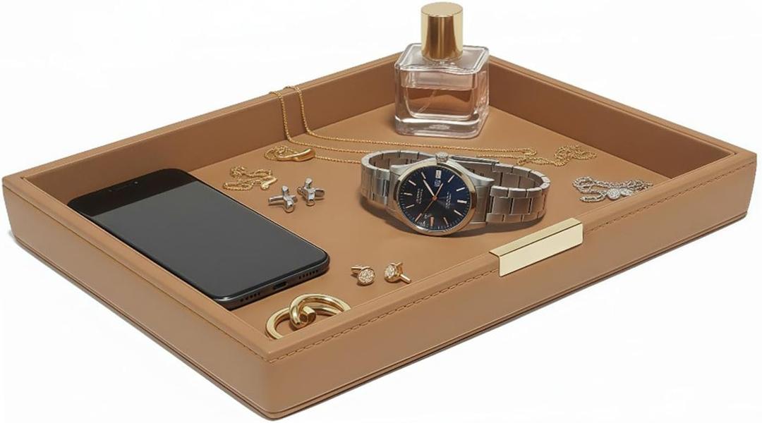 Leather Storage Tray for Men and Women - Vanity Tray for Bathroom, Bedroom, and Dresser Table - Decorative Storage Box Leather Valet Tray Catchall Tray for Watch, Jewelry, Perfume