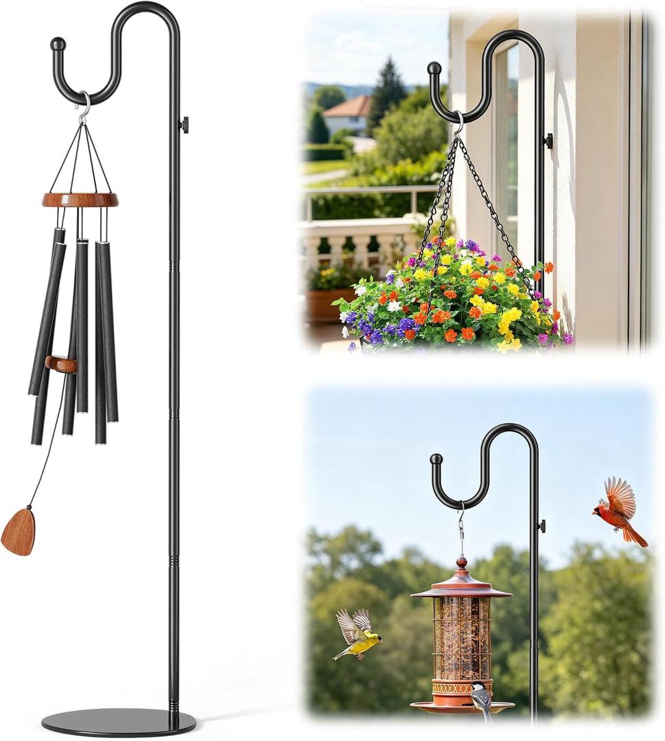 74" Shepherds Hook Stand, Adjustable Wind Chime Stand for Outside, Heavy Duty Free Standing Plant Hanger Pole for Bird Feeders, Lanterns, Wreaths & Hanging Plants, Indoor Outdoor, Holds Up to 20 LBS