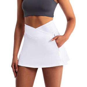 Golf Skirts for Women Crossover High Waisted Athletic Skirt Skorts Stretchy Golf Skirt with Shorts and 4 Pockets (White, M)