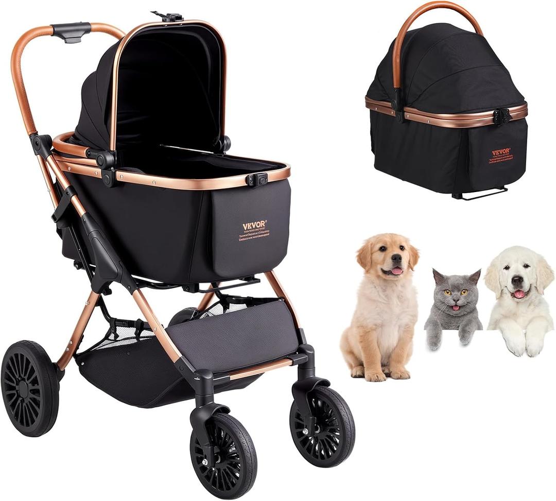 VEVOR Pet Stroller, 4 Wheels Dog Stroller Rotate with Brakes, 66 lbs Weight Capacity, Puppy Stroller with Detachable Carrier, Storage Basket and Pet Pad, for Small to Medium Sized Dogs, Black