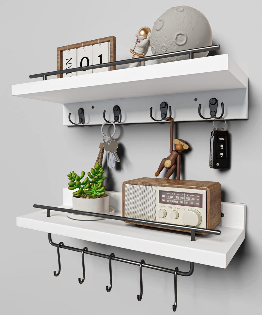 2 Floating Shelves with Hooks, Wall Mounted Coat Rack, Bathroom Shelf with Removable Towel Bar, Hanging Shelves with 9 Hooks, White