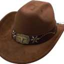 Western Cowboy Hat for Men Cowgirl Hat for Women Wide Brim Felt Fedora Hats Classic Cowboyhat with Buckle Belt (Medium, Coffee)