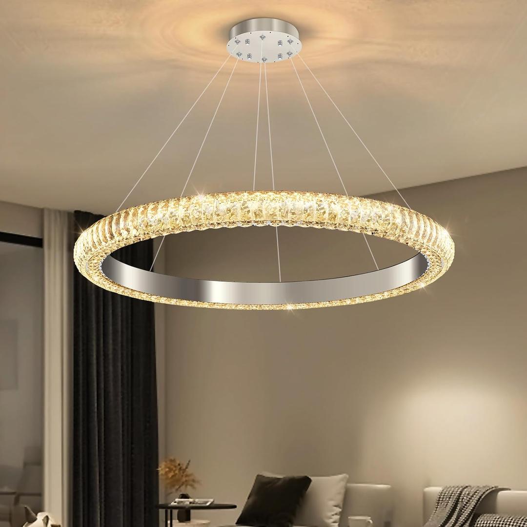 31.5" 1 Ring Crystal Chandelier Modern LED Dimmable Ring Pendant Light Chandelier for Dining Room Living Room Silver, 1 Ring Round 32"