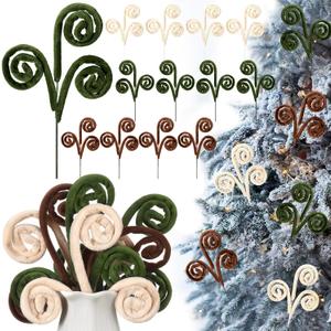 12 Pcs Curly Christmas Tree Picks Velvet Curl Decoration Spiral Curly Tree Topper Ornaments DIY Crafts for Wreath Fireplaces Vase Filler Holiday Ornament, 12 Inch(Brown, Green, Milky White)
