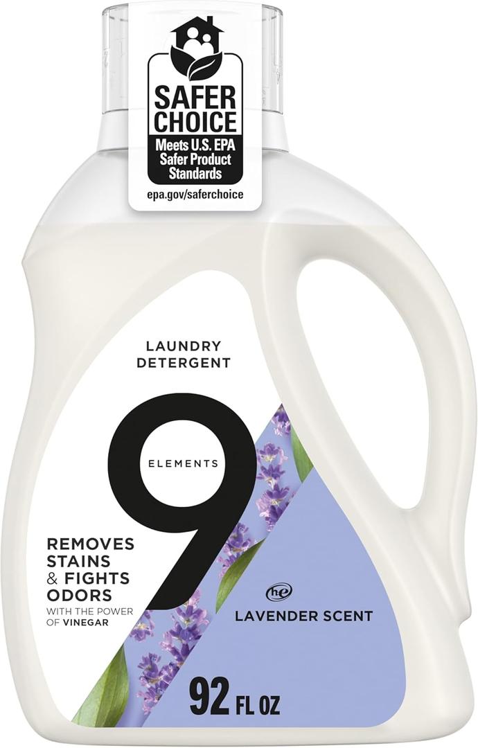 9 Elements Natural Laundry Detergent Liquid Soap, Lavender Scent, Vinegar Powered, 92 Fl Oz, 1 Count, Liquid Laundry Detergent, Laundry Soap