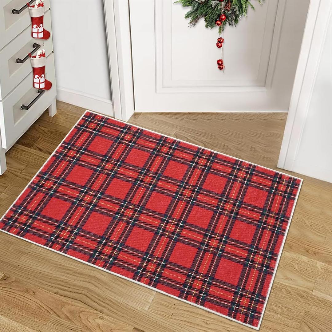 Christmas Entryway Carpet Xmas Buffalo Plaid Small Non-Slip Stain Resistant Washable Floor Cover Holiday Decorative Gingham Check Accent Rug for Entrance Kitchen, Red, 2x3 Feet