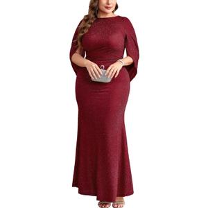 ZOMVA Plus Size Sparkly Glitter Mermaid Maxi Dress Sparkle Sequin Cape Sleeves Ruched Bodycon Dresses Cocktail Formal 3XL