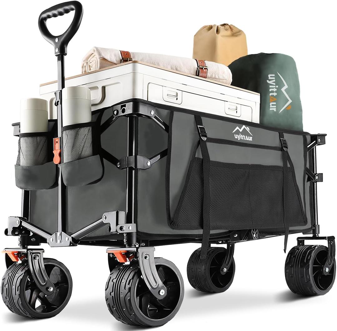 Collapsible Wagon Cart Heavy Duty Foldable, Folding Beach Wagon with Big Wheels for Sand, Utility Grocery Cart with Side Pocket and Brakes for Camping Sports Outdoor Activities, Grey (Gray)