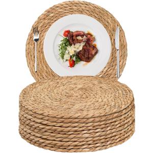 Woven Placemats Set of 10, 13.5" Round Rattan Placemats, Natural Water Hyacinth Place mats, Farmhouse Weave Place Mats, Rustic Braided Wicker Table Mats for Dining Table, Home, Outdoor
