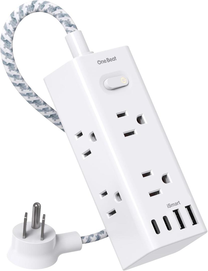 One Beat Short Extension Cord 1Ft, Flat Plug Power Strip Surge Protector - 6 Widely Outlets with 4 USB Ports (2 USB C), Wall Mount Small Power Strip for Travel, Home Office College Dorm Essentials