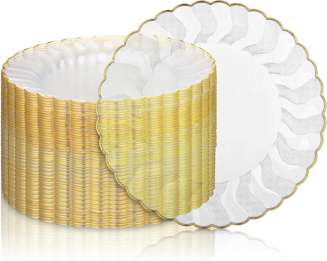 Hushee 50 Pcs Plastic Plates with Gold Trim 6'' Small Round Disposable Vintage Dessert Plates for Party Birthday Buffet Wedding Catering Celebration Reception (Clear)