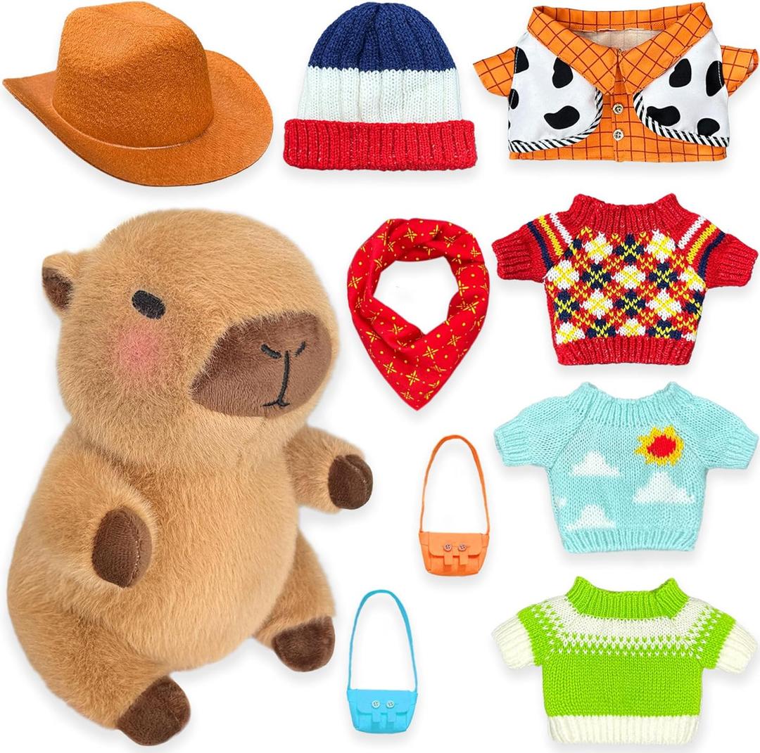 Capybara Plush with 9 pcs Clothes & Accessories, 10.2 in Cute Capybara Stuffed Animal Plush Toys, Dress Up Cute Plushies for Girls/Boys (Navy)