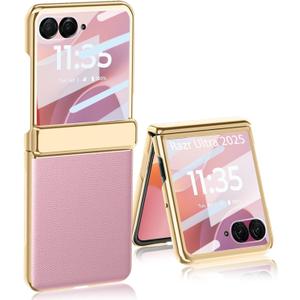for Motorola Razr Ultra 2026/2025 Case with Hinges Protection & PU Leather Back Cover & Plated Frame & Built-in Front Screen Protector (Pink)