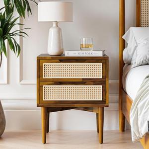 Bme Oliver Solid Wood Rattan Nightstand/Side Table/End Table, Fully Assembled, for Bohemian & Mid Century Style Bedroom and Living Room, Caramel | Fully Assembled, Bohemian, Mid Century Style, Bedroom, Living Room
