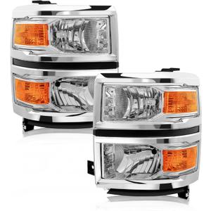 for 2014-2015 Chevy Silverado 1500 Pickup Headlights Assembly Halogen Factory OE Style Chrome Housing Replacement Driver and Passenger Side Pair (OE Type, A-Chrome Housing Amber Reflector)