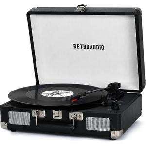 Vinyl Record Player 3-Speed Bluetooth Portable Suitcase Belt-Driven Record Player with 2 Built-in Stereo Speakers Vinyl Vintage Turntable Phonograph Records Player with RCA Line Out, AUX Out (Black)