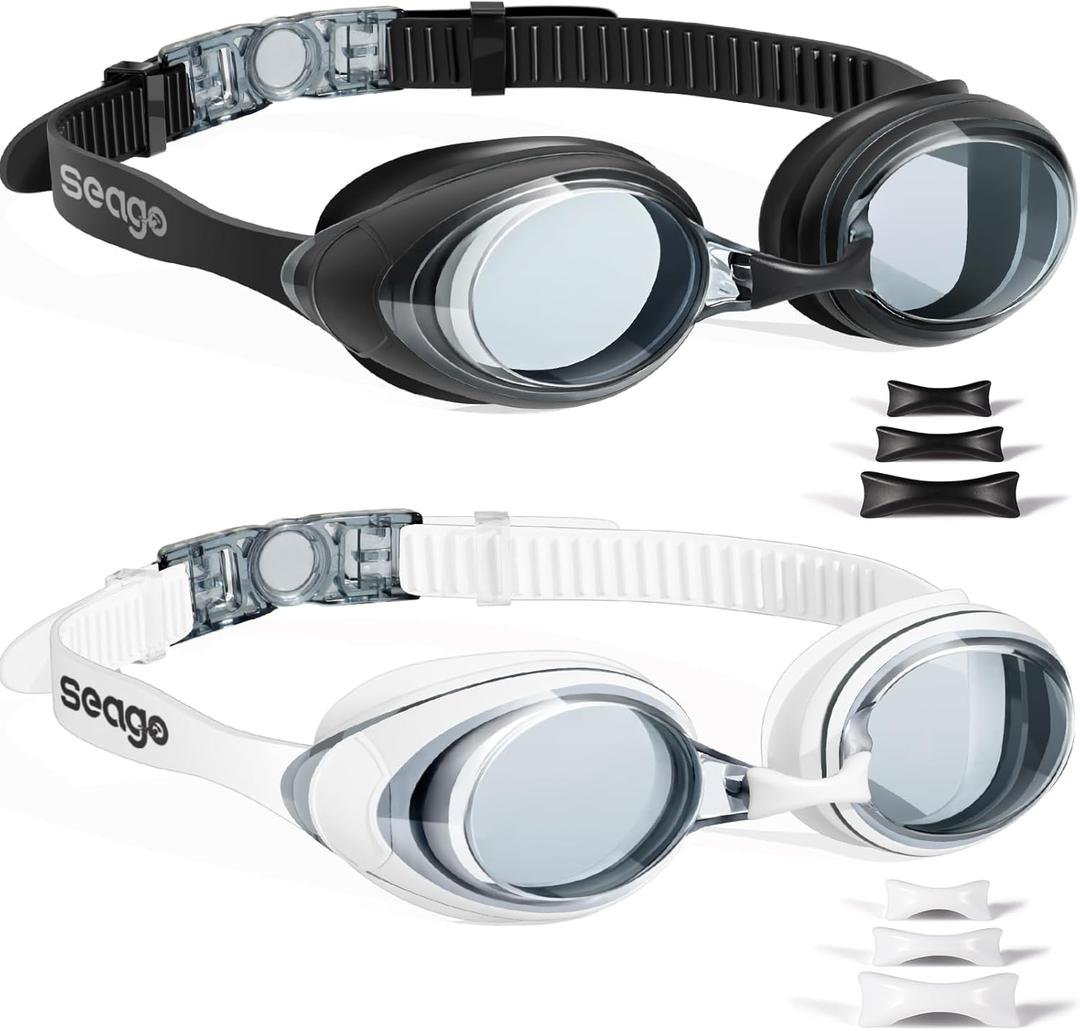 Seago 2 Pack Swimming Goggles Anti-fog Anti-UV Silicone Swim Goggles Adult Women Men (Black & White)
