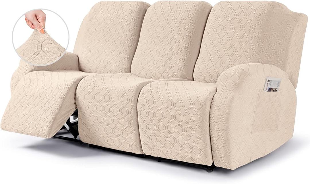 VANSOFY Recliner Cover, 3-Pieces Stretch Reclining Couch Covers with Pockets Reclining Sofa Slipcovers 3 Seater Soft Washable Furniture Protector for Dogs Cats(Cream)