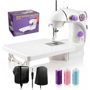 Flying Banana Mini Sewing Machine with Extension Table, Dual Speed Portable Electric Sewing Machine for Beginners, Small Household Mending Kit with Light, Foot Pedal, AC/Battery Operated, White