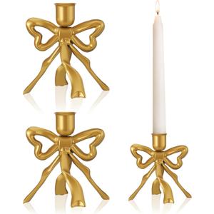 Mumufy 2 Pcs Gold Bow Taper Candle Holder Vintage Metal Candle Stick Holders Antique Brass Decorative Candlestick for Wedding Christmas Home Table Decor, 4.5" W x 4.3" H