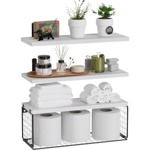 WOPITUES Bathroom Shelf Over Toilet, Floating Bathroom Shelf Wall Mounted with Wire Basket, Floating Shelf for Wall Dcor-Modern White (16.5inch)